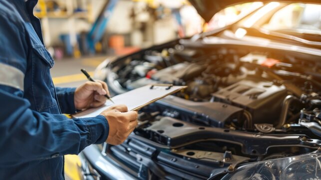Auto check, Automobile repairmen write job checklists on a clipboard, mechanics check engines to estimate repair machines, inspect maintenance by an engineer at the vehicle garage, car service shop.