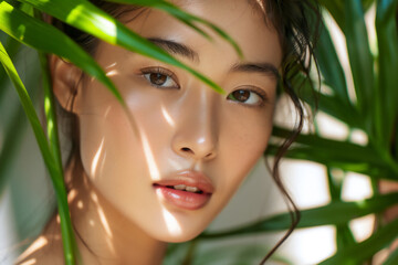 Fototapeta premium confident Asian woman amidst lush palm leaves