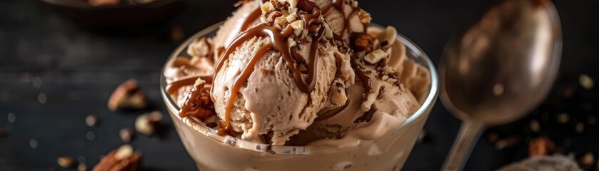 Delicious bowl of creamy chocolate ice cream topped with nuts and drizzled with chocolate syrup, perfect dessert on a dark background.