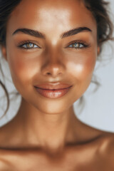 Naklejka premium This cheerful headshot of a young Latina woman showcases her natural beauty