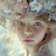 Naklejka premium A young girl with a halo of flowers