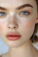 Naklejka premium Girl with glowing skin and freckles, and blue eyes