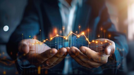 Stock profit power manipulation background image.Businessman control stock market direction to get profit by pick up the growth arrow symbol with chart and graph by his two hands. Hope, Prosperity, 