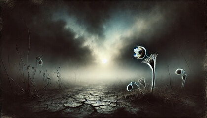 Naklejka premium Solitary Flower in Barren Land: Symbol of Hope and Resilience