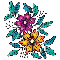 Hand drawn vector abstract floral illustration with flowers and leaves. Doodle style.