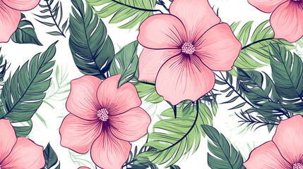 Pink and peach hand drawn floral pattern with green leaves, vector illustration, floral line art, floral patterns, seamless patterns, background, large flowers