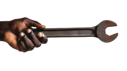 A close-up view of a weathered wrench held by a dark hand against a stark white background.