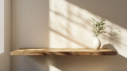 Minimalist Wooden Shelf with Potted Plant and Sunlight