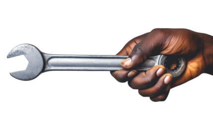 A hand, weathered and strong, grips a wrench against a clean white background.