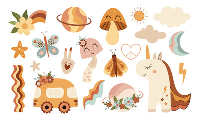 Fototapeta premium Retro baby clipart. Groovy baby clipart in cartoon flat style. Vintage clip art. Hand drawn illustration