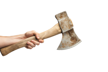 A hand holding a weathered axe, the blade gleaming with a sharp edge. The background is a pristine white, highlighting the tool.