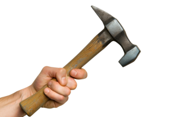 A hand tightly grasps a hammer with a sleek and shiny steel head, its wooden handle weathered and worn.