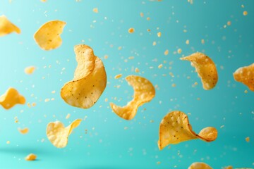 Delicious potato chips floating on minimalist turquoise background