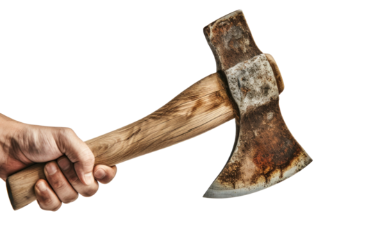 A hand grasps the wooden handle of a rusty axe, the blade gleaming faintly against the bright white background.