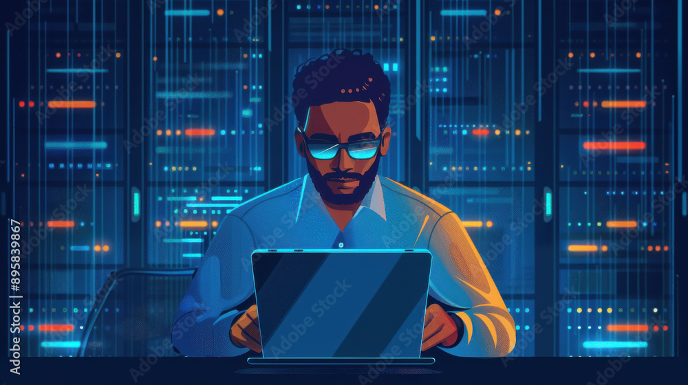 Poster it support scene with a software engineer using a laptop for customer service, global network connec