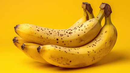 Bunch of ripe bananas with brown spots, placed against a bright yellow background, highlighting their freshness and natural texture.