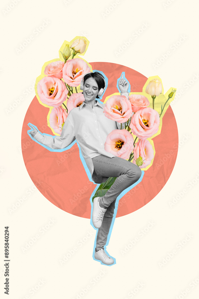 Poster composite collage image of funny dancing female flowers have fun listen music headphones unusual fan