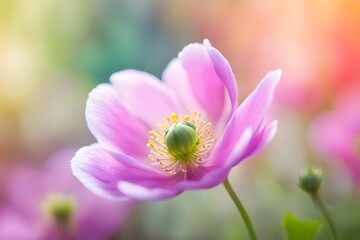  Japanese anemone flower vibrant bokeh background, AI Generated
