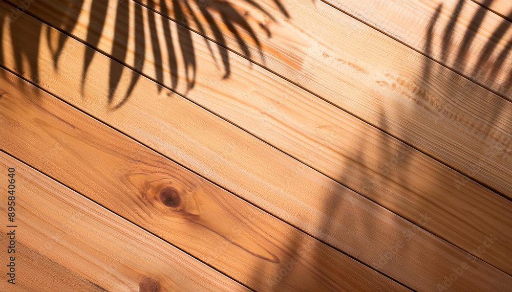 Poster top view of soft brown table with high resolution texture and palm leafs shadows, summer table backg