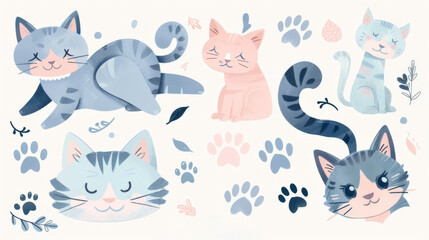 Cute Cartoon Cats with Paw Prints and Leaves on White Background