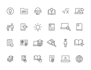 Education and Learning simple thin line icons set. Education, School, Learning, Book, study editable stroke icons