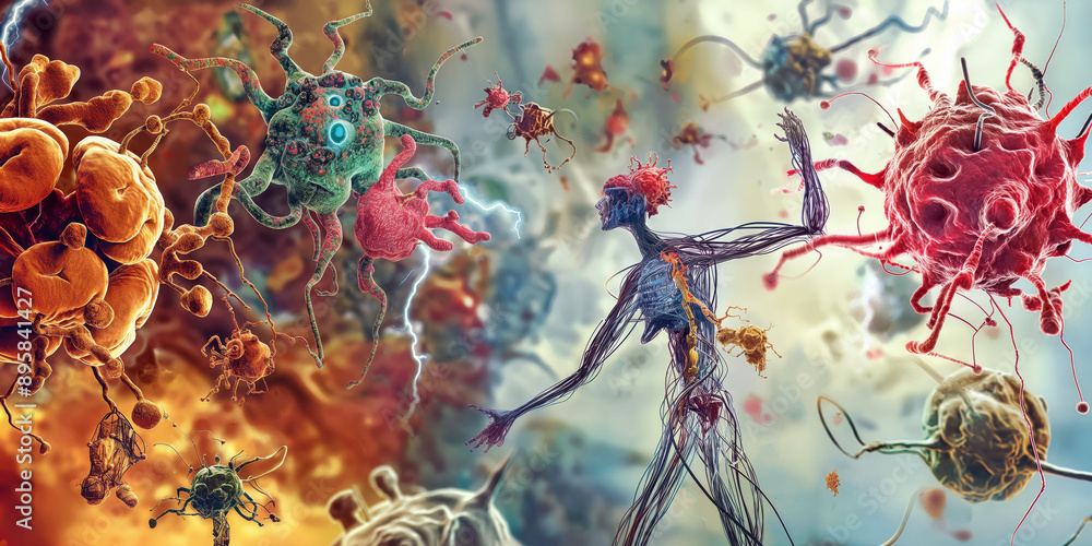 Poster a detailed and colorful illustration of nanorobots enhancing human abilities, depicting tiny robots 