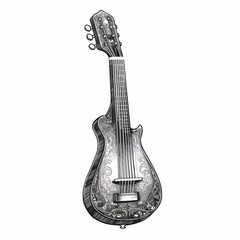 Black and white Vintage engraved art of a shamisen isolated on white background, ink sketch illustration, simple vector art design, highly detailed line art, high contrasty. 