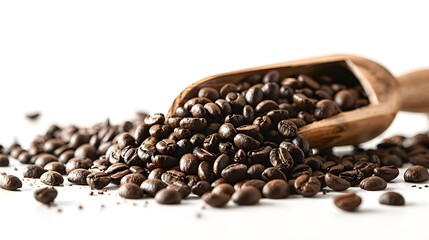 Fototapeta premium Roasted Coffee Beans and a wooden spoon scoop isolated on white background, product display, advertisement, healthy living banner