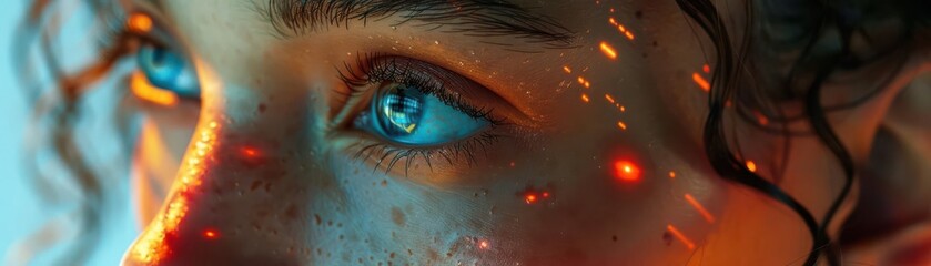 Close-up of a woman's eye with colorful abstract textures.