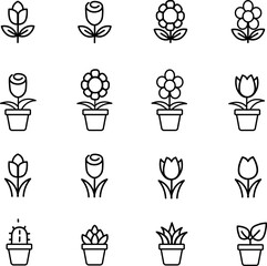 set of icons of flowers, floral icons, cactus icon, tulip icon, rose icon