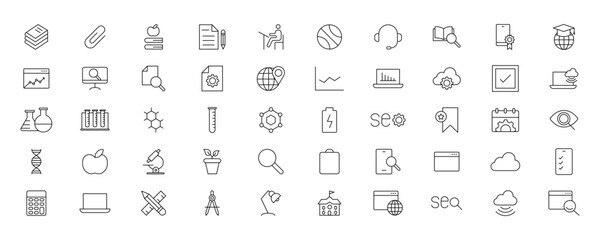 Education and Learning simple thin line icons set. Education, School, Learning, Book, study editable stroke icons