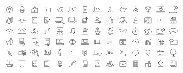 Education and Learning simple thin line icons set. Education, School, Learning, Book, study editable stroke icons