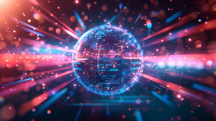 a futuristic data sphere surrounded by dynamic light trails and floating digital particles, emphasizing themes of data visualization, technology, and digital innovation, data spher