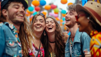 Group of friends enjoy a street fair with colorful balloons, smiling and laughing together.