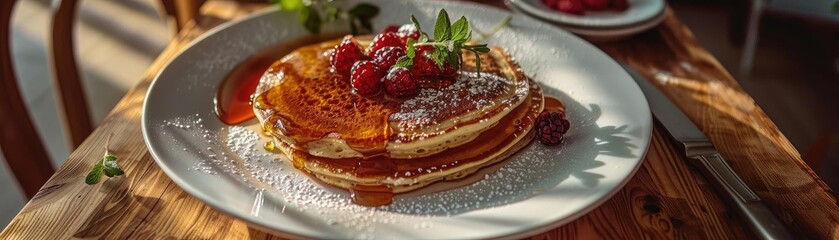 Delicious stack of pancakes topped with fresh berries, syrup, and mint leaves on a white plate over a rustic wooden table in natural light.