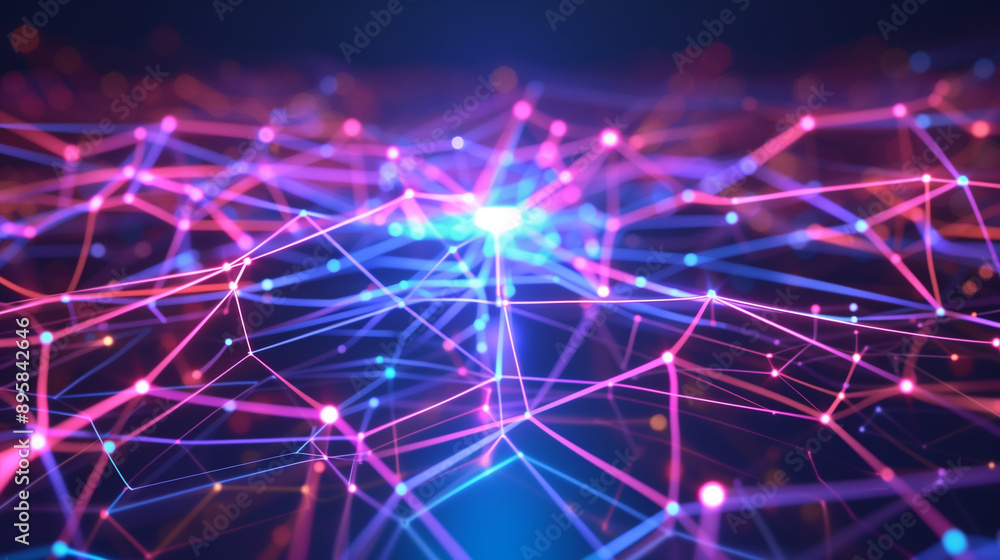 Poster a futuristic neural network depiction with interconnected neon lines and a central glowing core, ide