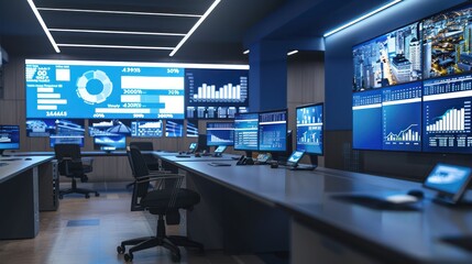 modern control room monitoring municipal budgets, with screens showing live updates of expenditures and allocations across a city