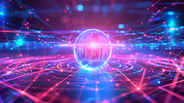 a digital connectivity theme with vibrant neon pathways and interconnected nodes around a central glowing sphere, highlighting themes of network connectivity, technology, and digit