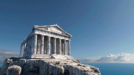 Obraz premium An ancient Greek temple on a hilltop, with marble columns and statues