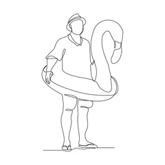Continuous single line sketch drawing beach vacation summer travel man relaxing with swimming pool inflatable flamingo float toy vector illustration