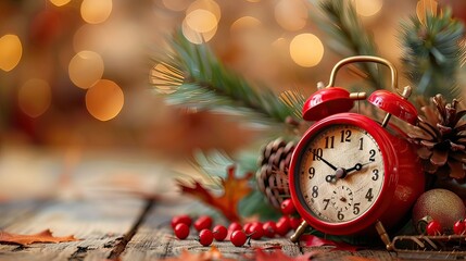 Red Alarm Clock on Wooden Surface With Christmas Decor