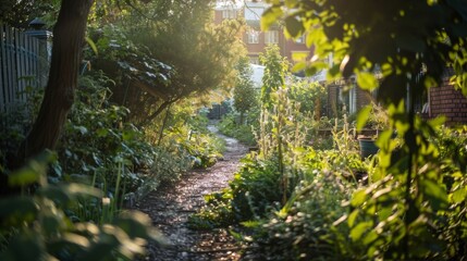 Fototapeta premium Sunlit garden path surrounded by lush green plants on a quiet morning, showcasing nature's peaceful beauty and inviting atmosphere.