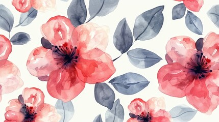 Vibrant Floral Watercolor Pattern with Pink Blooms and Gray Leaves