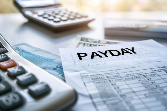 Calculator and paycheck on a desk representing payday and financial management