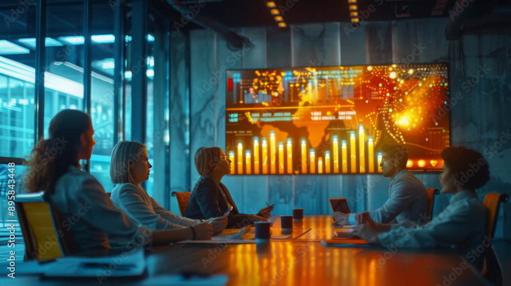 Poster professionals in a meeting room analyze global data displayed on a large screen, emphasizing teamwor