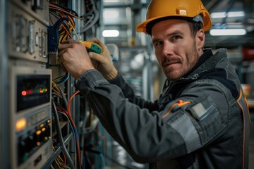 A man in a yellow hard hat and safety gloves carefully works on an electrical panel in an industrial setting, focusing on making precise adjustments to wiring connections.