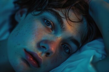 Close-up portrait of a young man with blue eyes, looking wistfully at the camera.  The lighting casts a blue hue on his face.