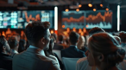Business conference with people listening to a speaker. Stock market charts on screen. Attendees focused on learning new strategies.