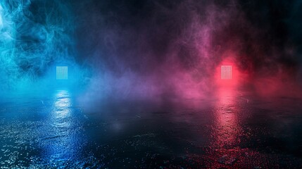 Dark empty space, blue and red neon spotlight, wet asphalt, smoke, night view, rays. Abstract dark texture of an empty background with copy space mock up design