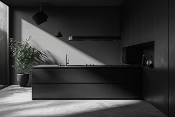 A minimalistic black kitchen featuring sleek, modern design elements with clean lines, complemented by natural light and a potted plant, exuding an aura of sophistication and elegance.
